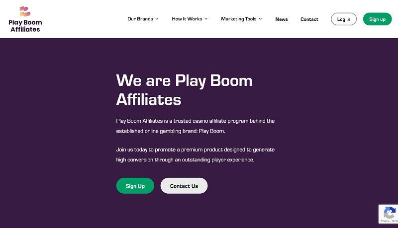 PlayBoom Affiliates website & screenshot with commission plans