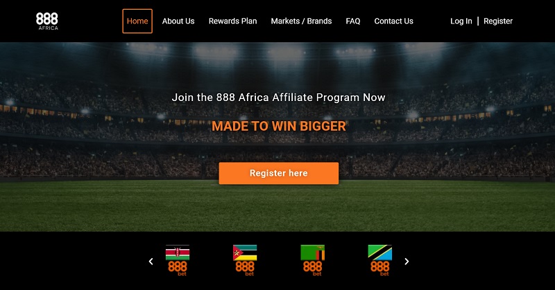 888 Africa Affiliates website & screenshot with commission plans