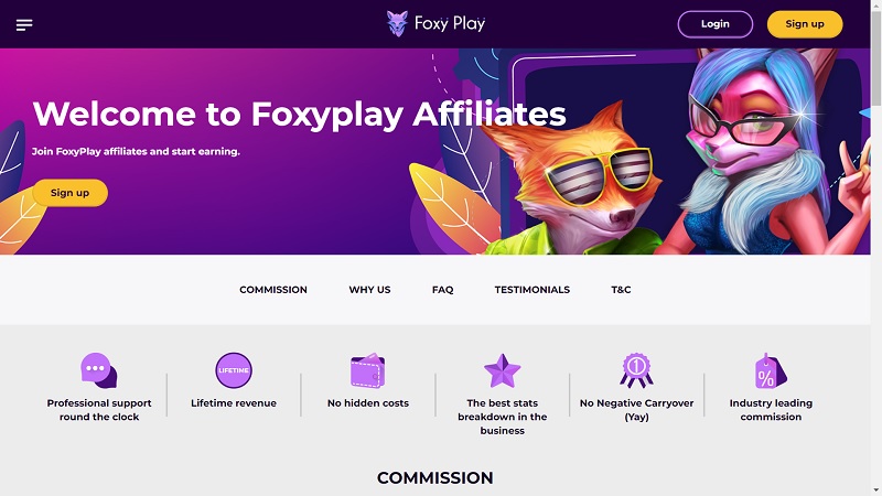 Foxy Play Affiliates website & screenshot with commission plans