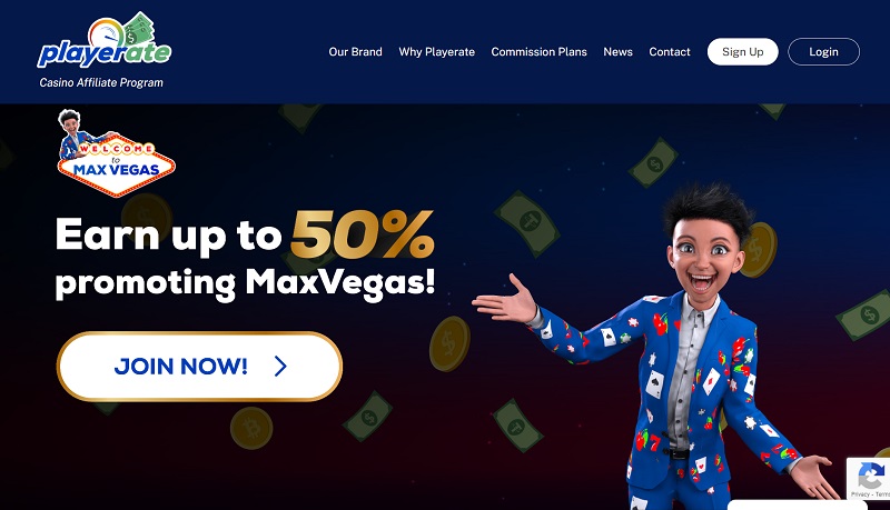 Playerate Casino Affiliates website & screenshot with commission plans
