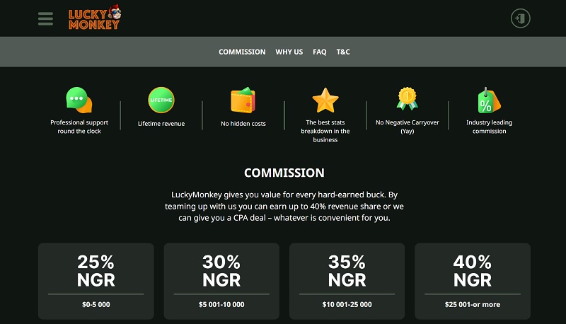 LuckyMonkey Partners website & screenshot with commission plans