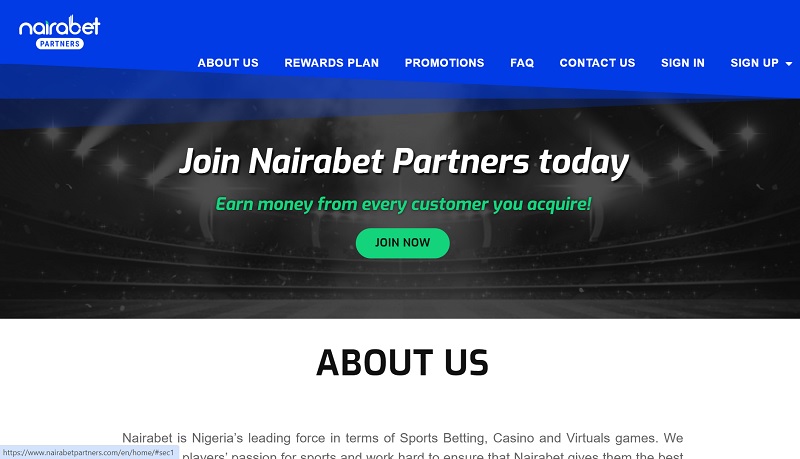 Nairabet Affiliates website & screenshot