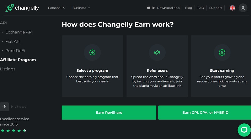 Changelly Affiliates website & screenshot