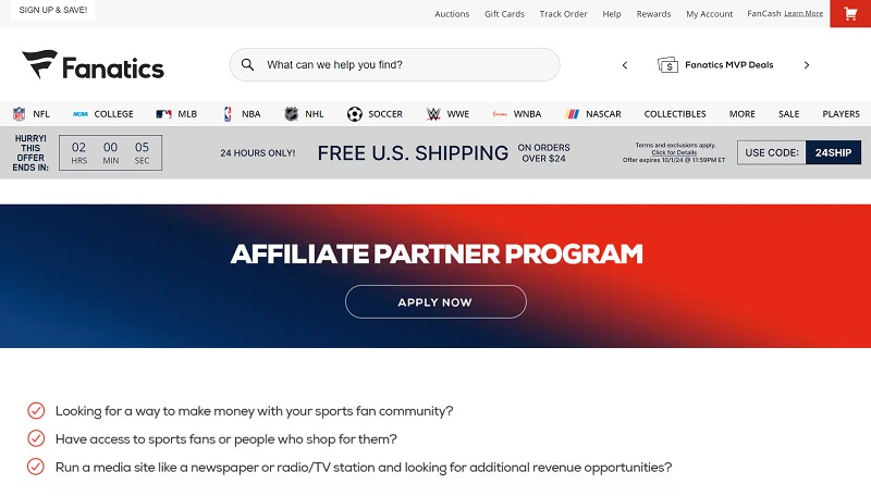 Fanatics Affiliates website & screenshot