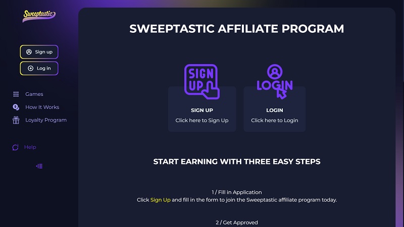 Sweeptastic Affiliates website & screenshot