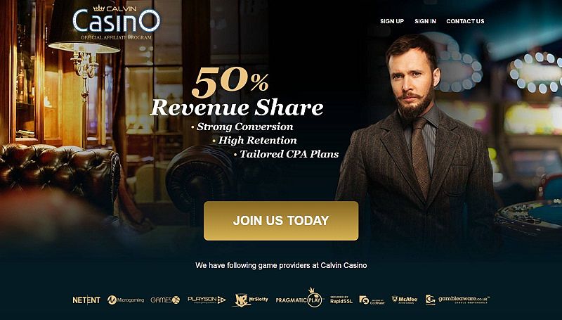 Calvin Casino Partners website & screenshot with commission plans