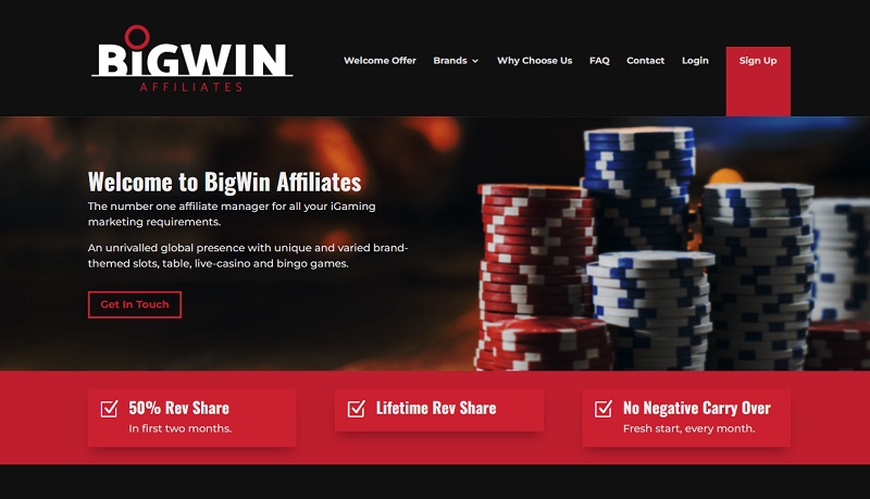 Big Win Affiliates website & screenshot with commission plans