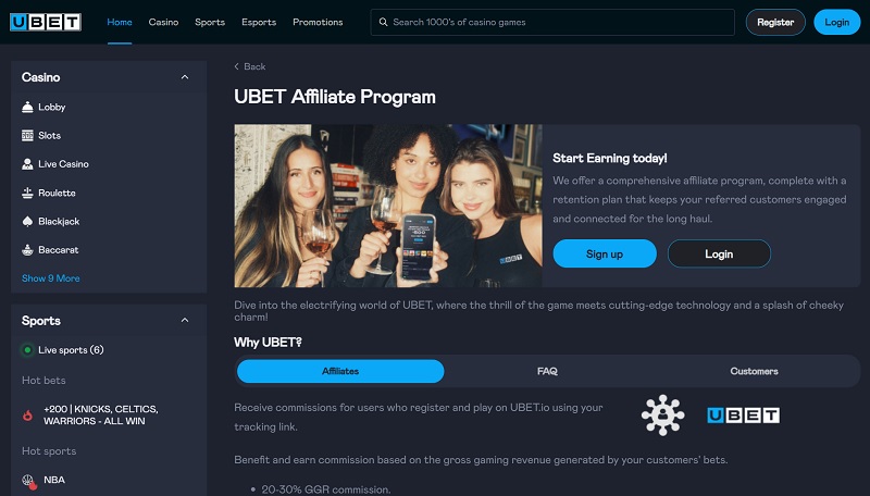 UBET Affiliates website & screenshot