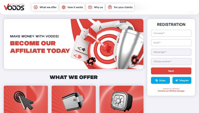 Vodds Affiliates website & screenshot