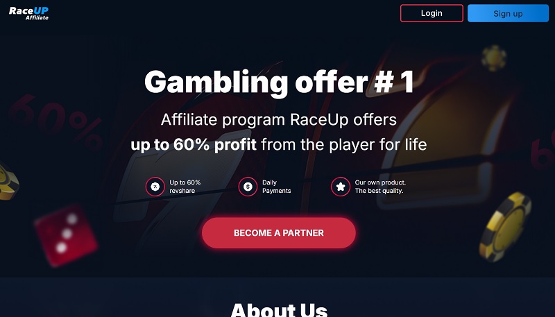 RaceUp Casino Affiliates website & screenshot
