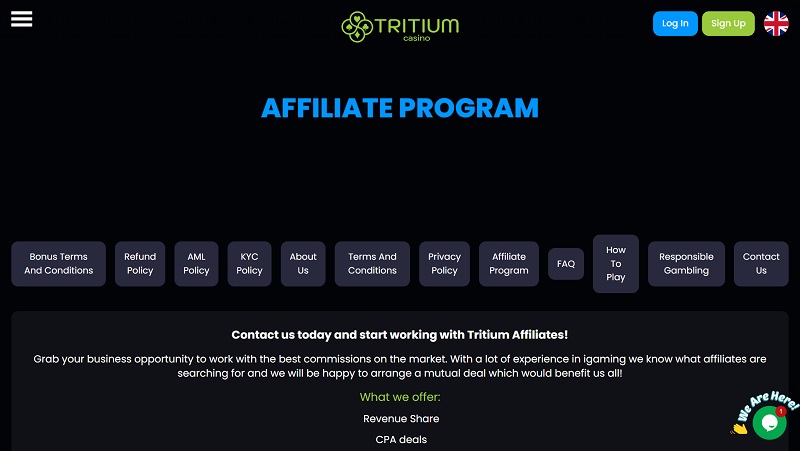 Tritium Casino Affiliates website & screenshot