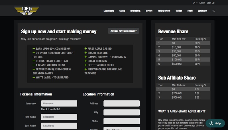 Top G Casino Affiliates website & screenshot