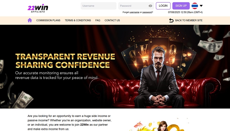 22Win Affiliates website & screenshot