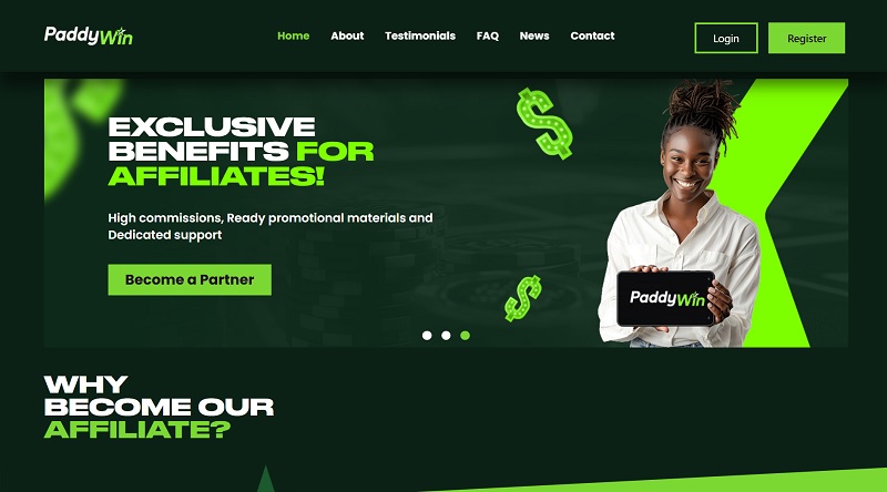 Paddywin Affiliates website & screenshot
