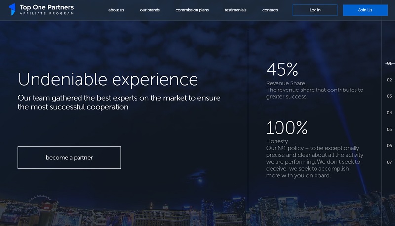 Top One Partners website & screenshot with commission plans