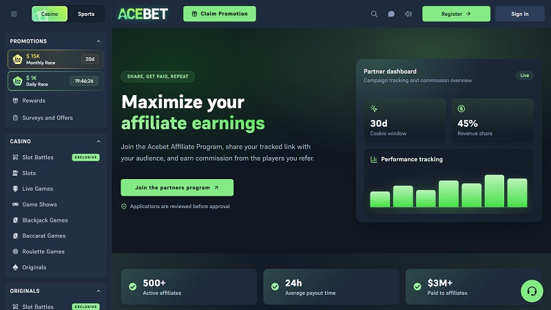 AceBet Affiliates website & screenshot