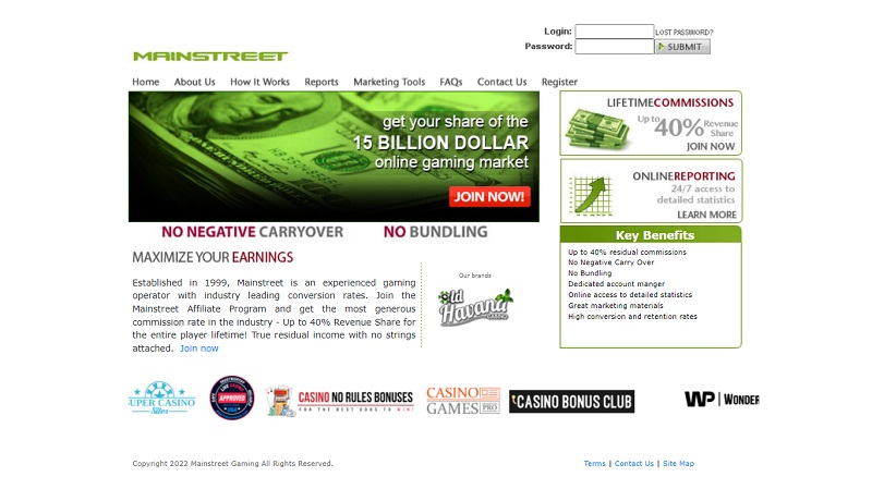 Mainstreet Affiliates website & screenshot with commission plans
