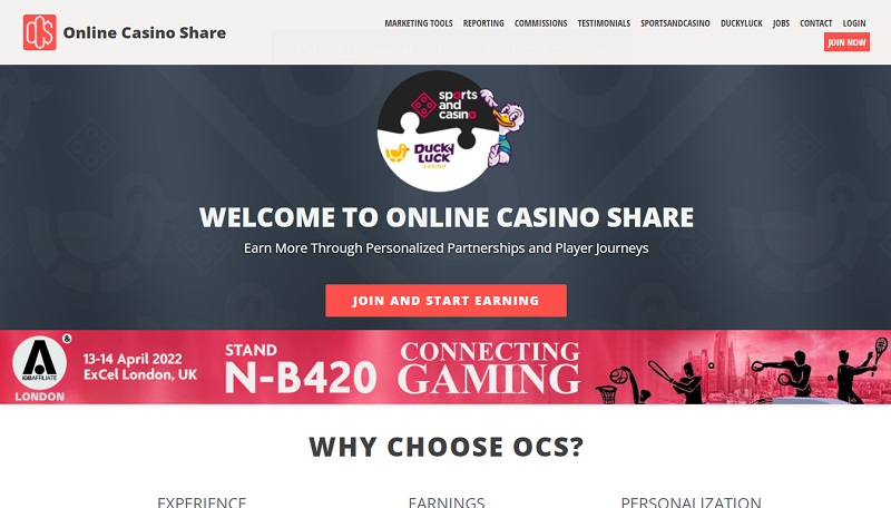 Online Casino Share website & screenshot with commission plans