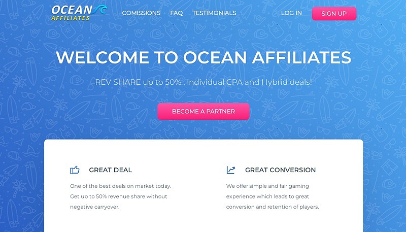 Ocean Affiliates website & screenshot with commission plans