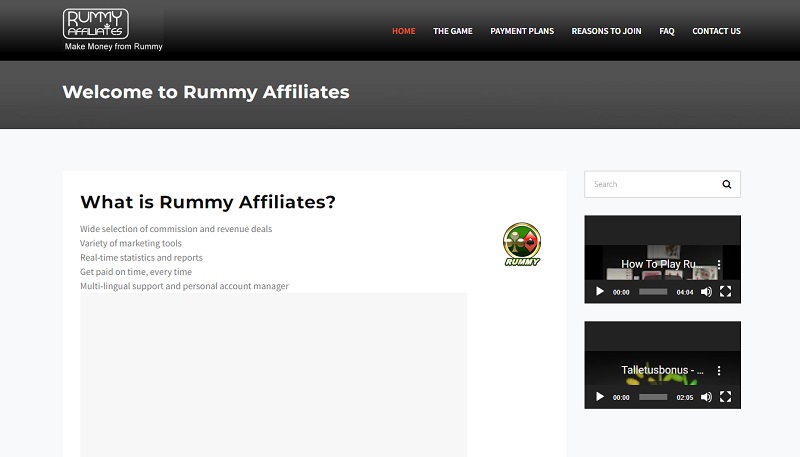 Rummy Affiliates website & screenshot with commission plans