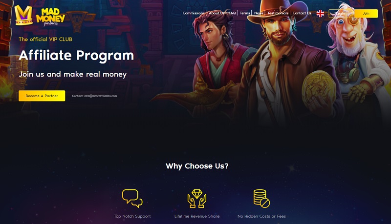 MadMoneyCasino Affiliates website & screenshot with commission plans