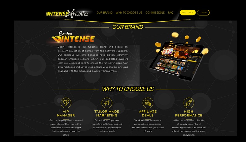 Intense Affiliates website & screenshot with commission plans