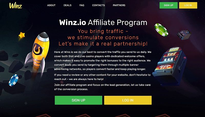 Winz.io Affiliates website & screenshot with commission plans