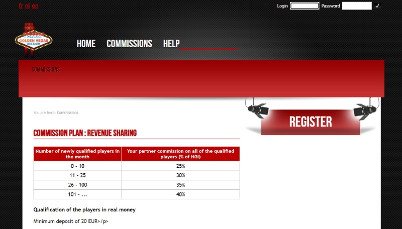 Golden Vegas Partners website & screenshot with commission plans