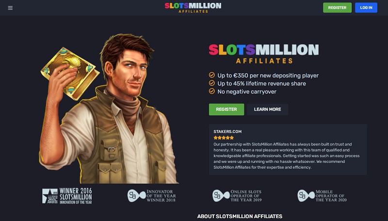 SlotsMillion Affiliates website & screenshot with commission plans