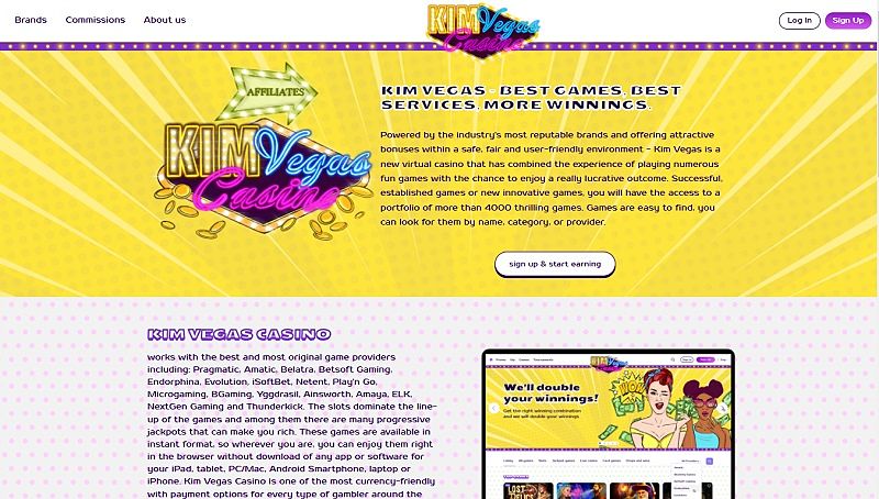 KimVegas Partners website & screenshot with commission plans